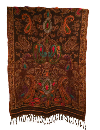 Mørkebrunt ullskjerf med flotte broderier (88)