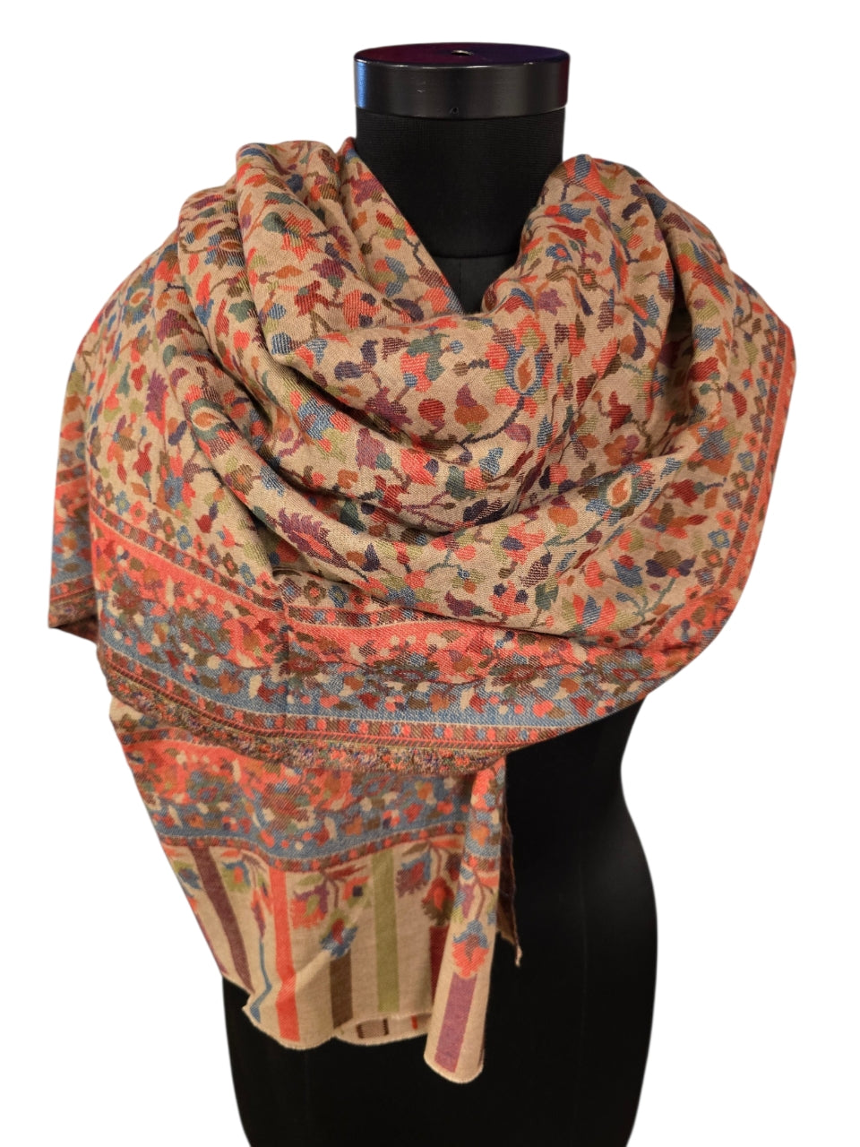 Lys beige/muldvarp mønstervevet sjal i 100% merino ull (56)