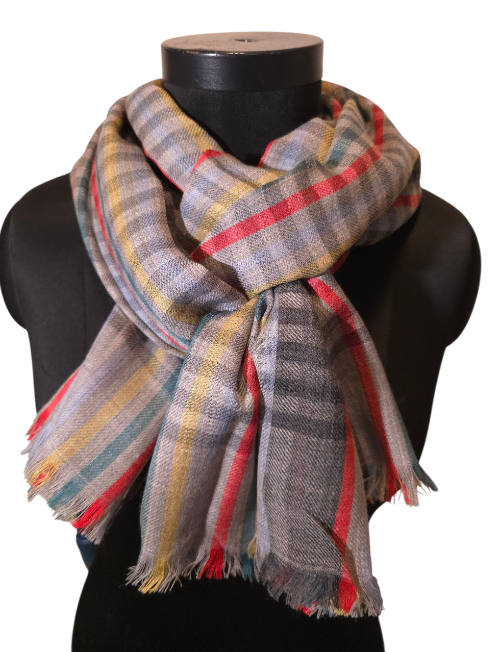 Grå rutete skjerf i ren ull med røde, gule, lavendel og grønne striper (76)