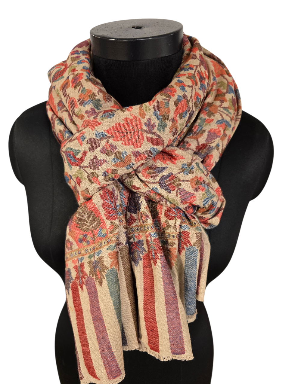 Varm beige mønstervevet sjal i ren merino  (48)