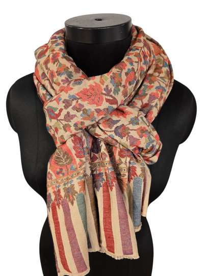 Varm beige mønstervevet sjal i ren merino  (48)