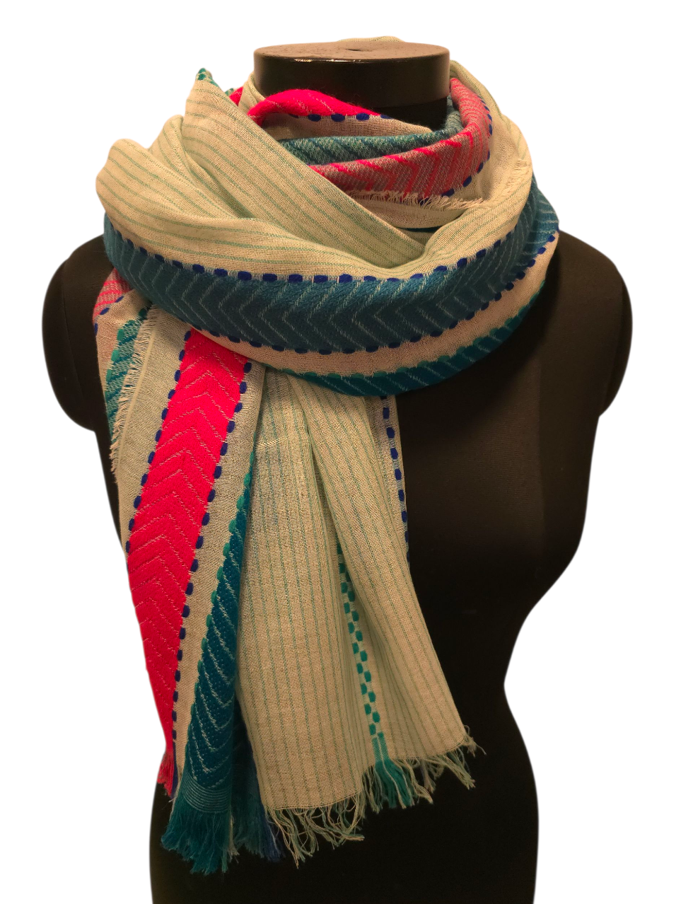 Behagelig bomullssjal med brede og broderte striper (129)