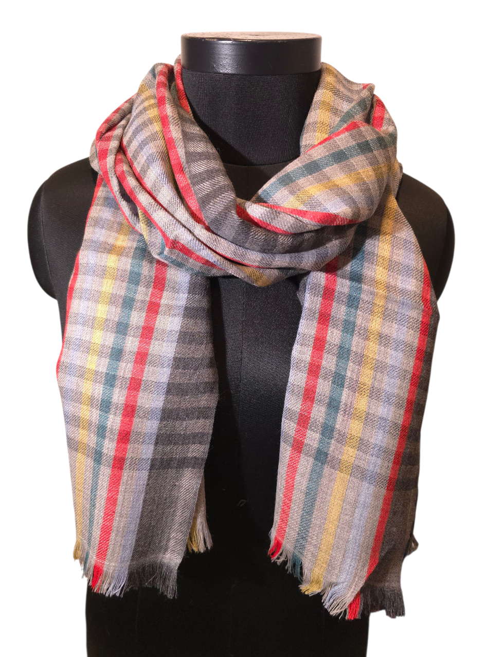 Grå rutete skjerf i ren ull med røde, gule, lavendel og grønne striper (76)