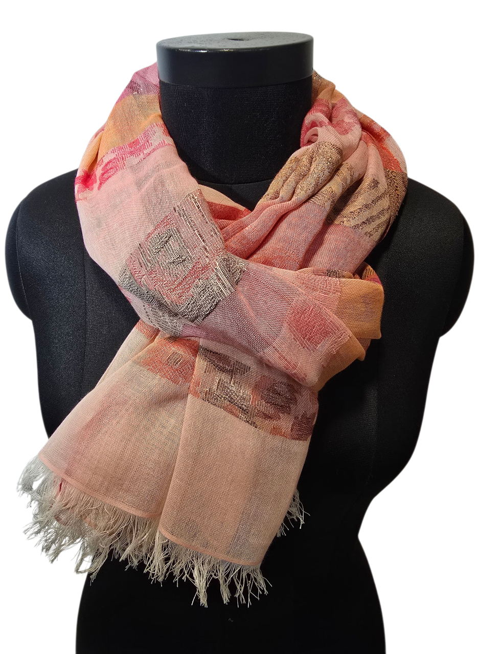 Fersken og rosafarget bomullsskjerf med gylne detaljer (078)