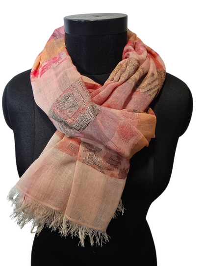 Fersken og rosafarget bomullsskjerf med gylne detaljer (078)