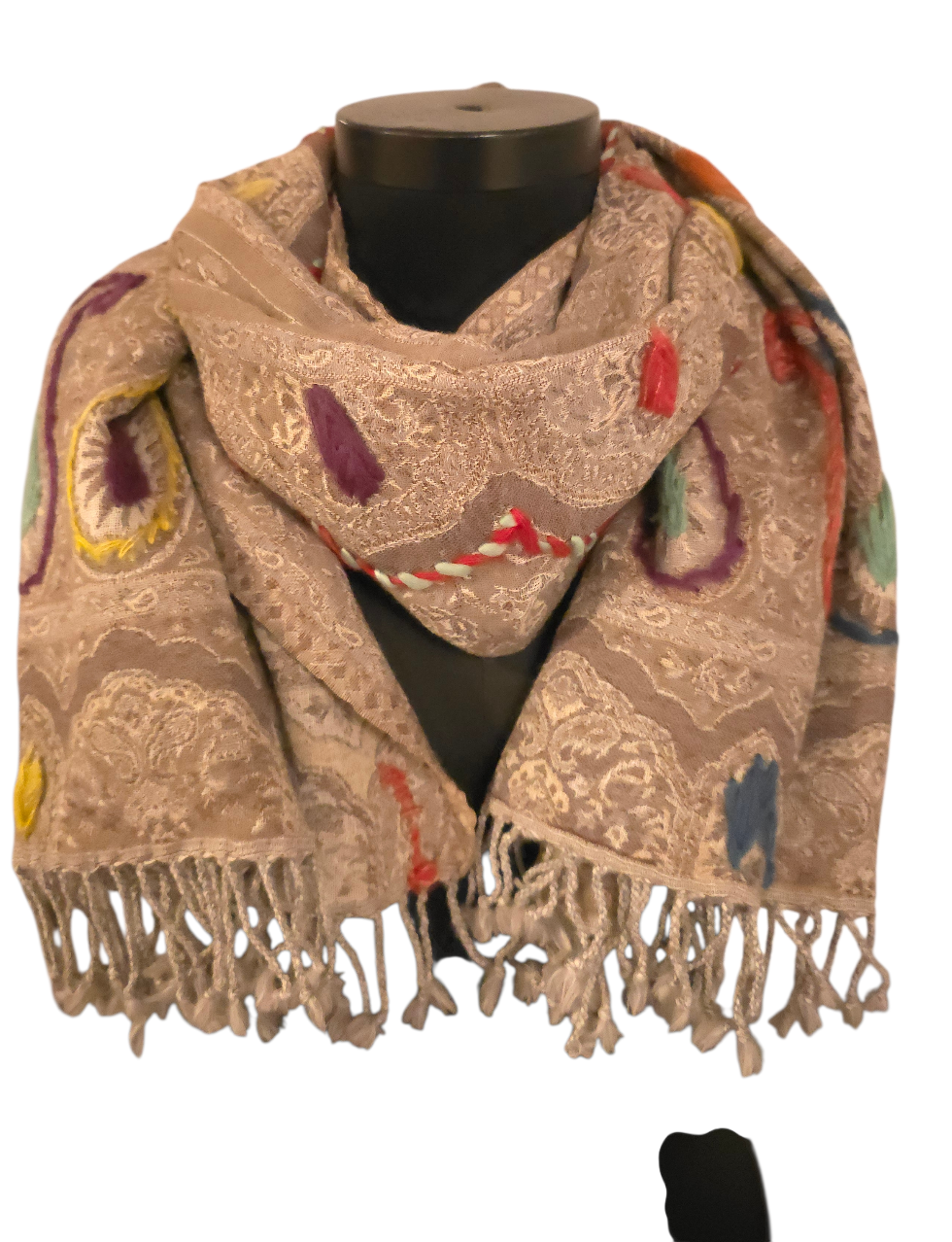 Beige/brunt ullskjerf med broderier (94)