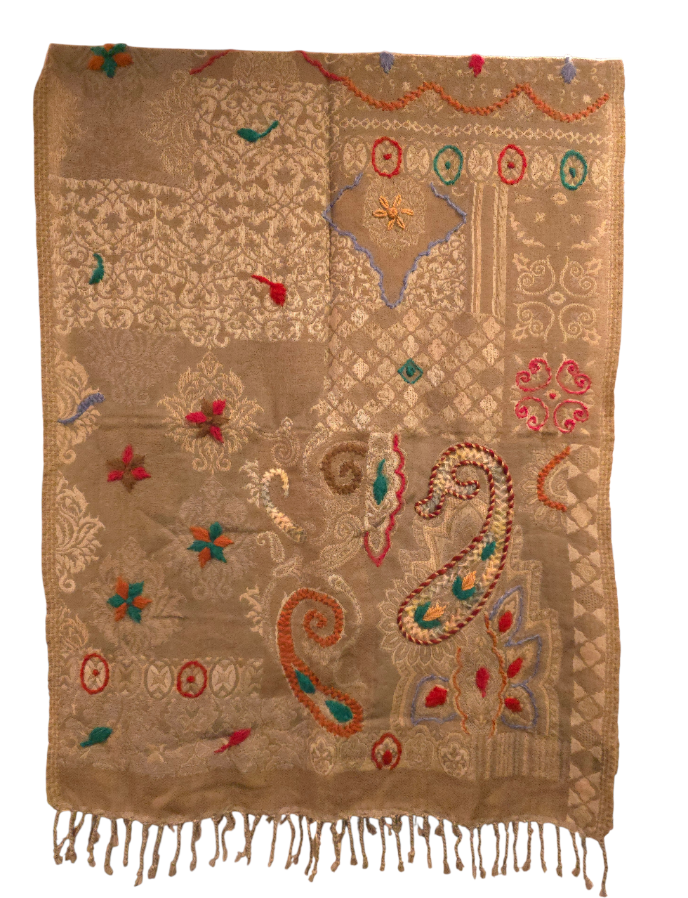 Beigeaktig ullskjerf med broderier (96)