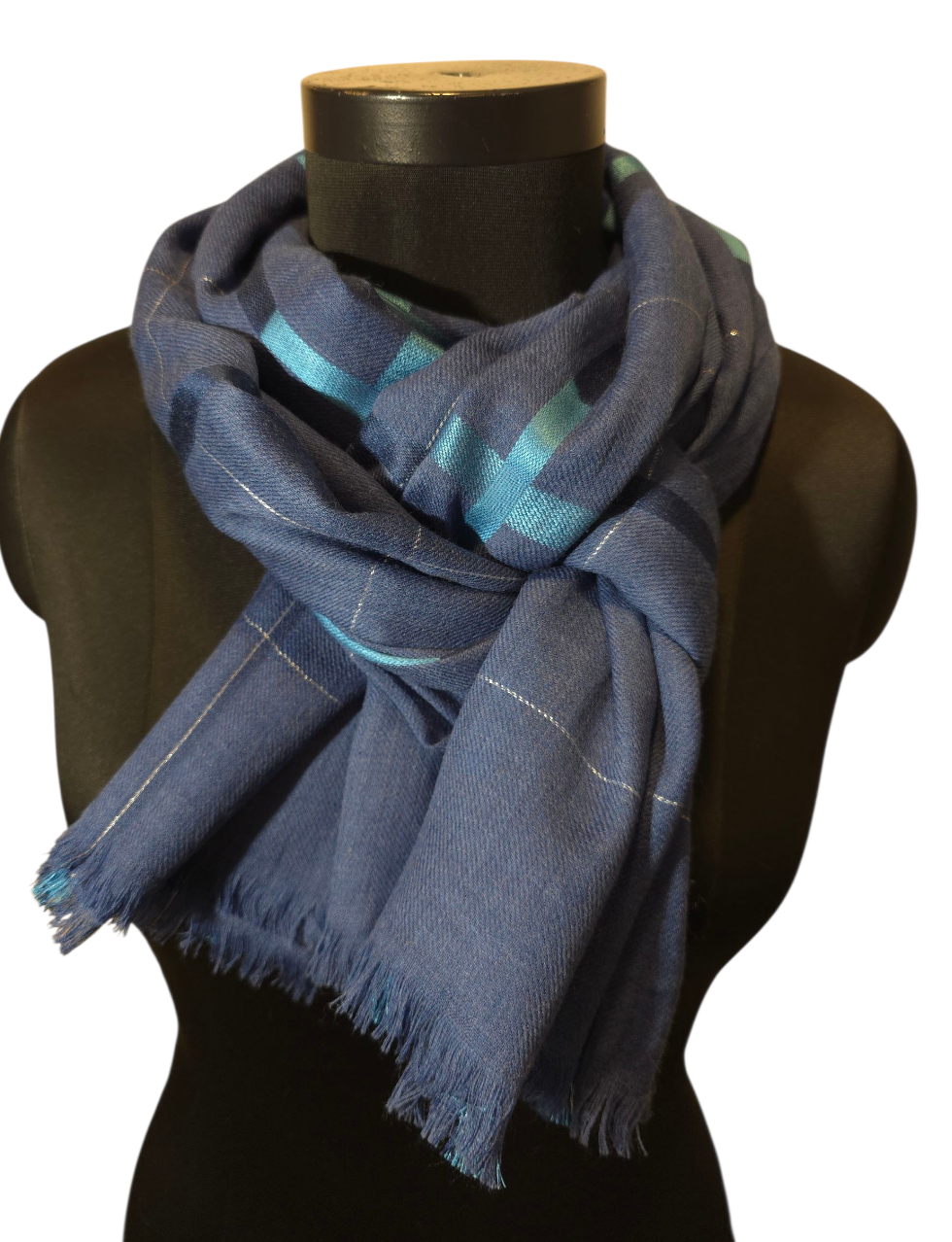 Mykt blått ullskjerf med striper og litt "bling" (72)