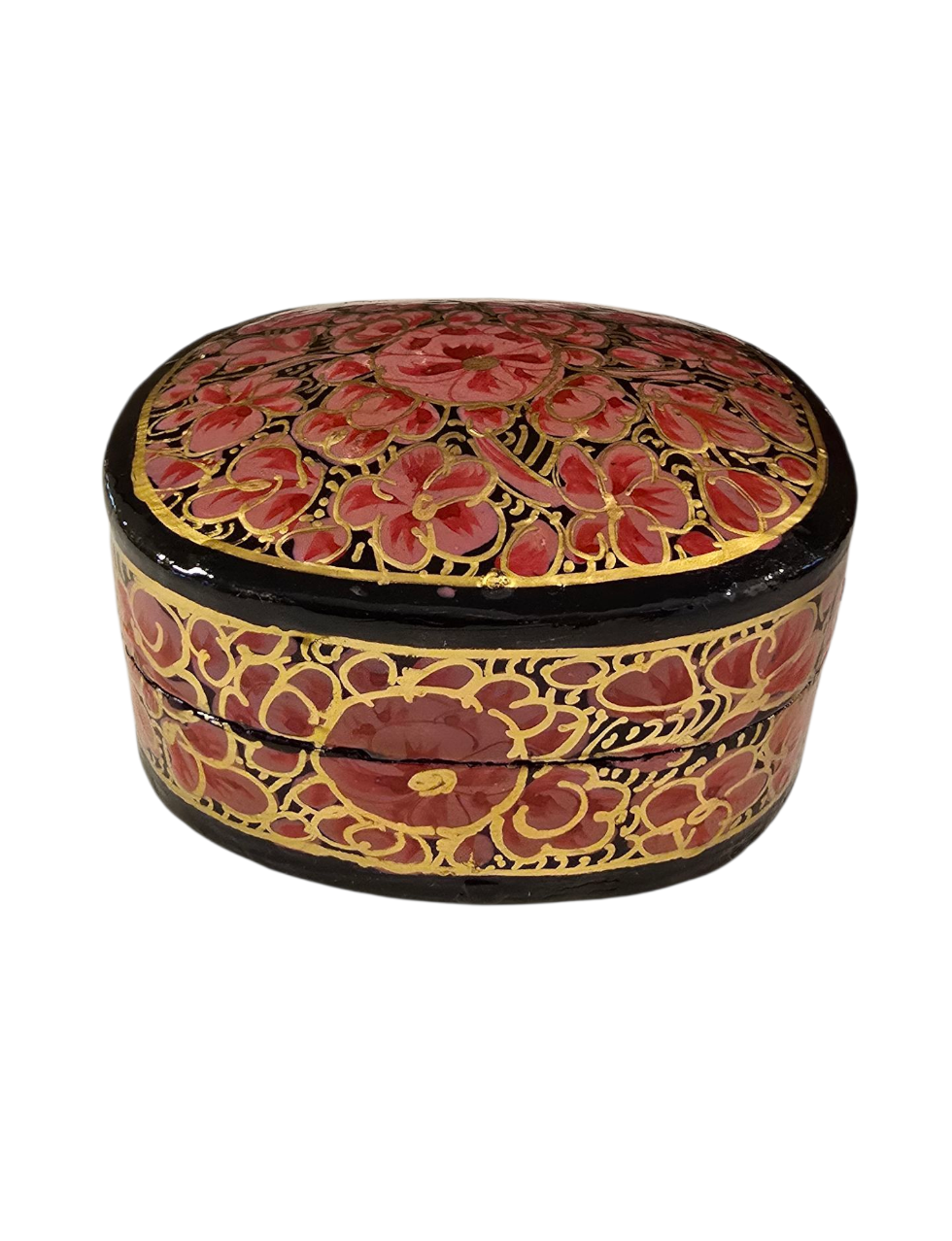 Liten håndlaget boks med rosa/rød/lilla blomster (42)