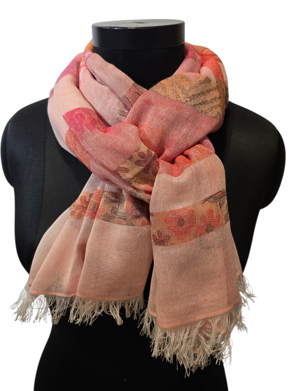 Fersken og rosafarget bomullsskjerf med gylne detaljer (078)