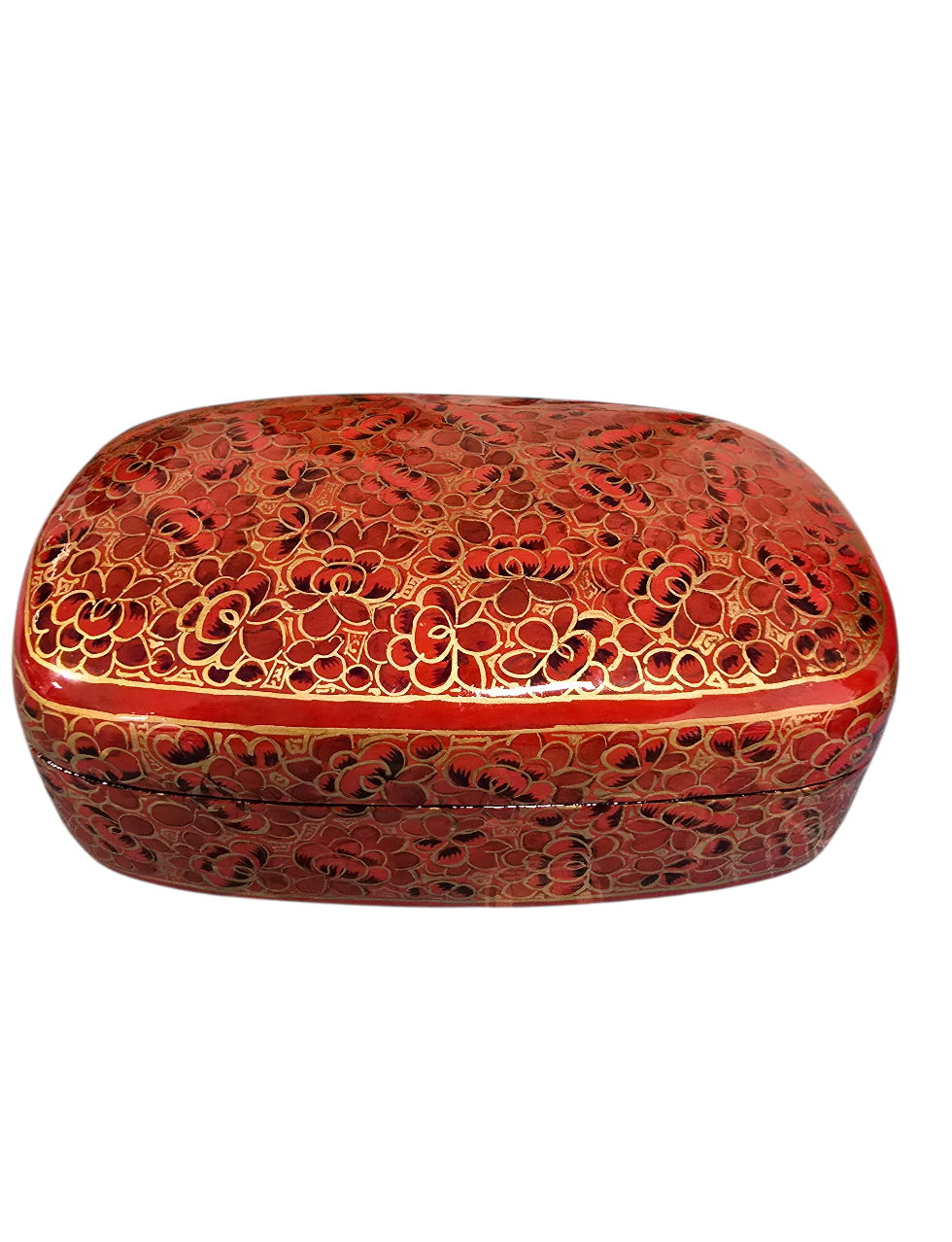 Håndlaget og dekorert gyllent og rødt smykkeskrin med blomstermotiv (46)