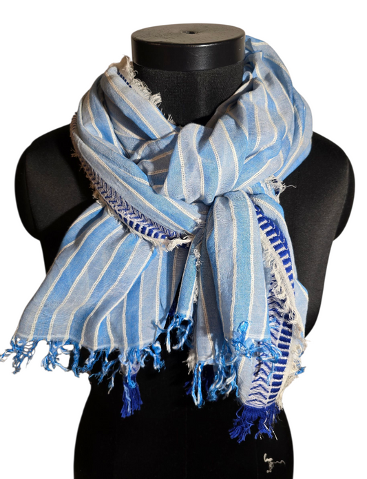 Stripete lyseblått skjerf i bomull (4)