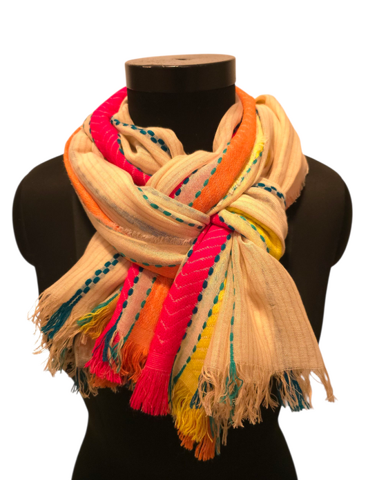 Stort bomullssjal med brede og broderte striper (128)