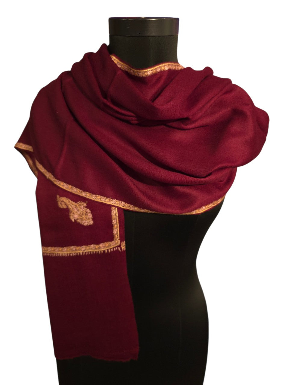 Burgunder cashmere/merino sjal med håndbroderte detaljer (23)