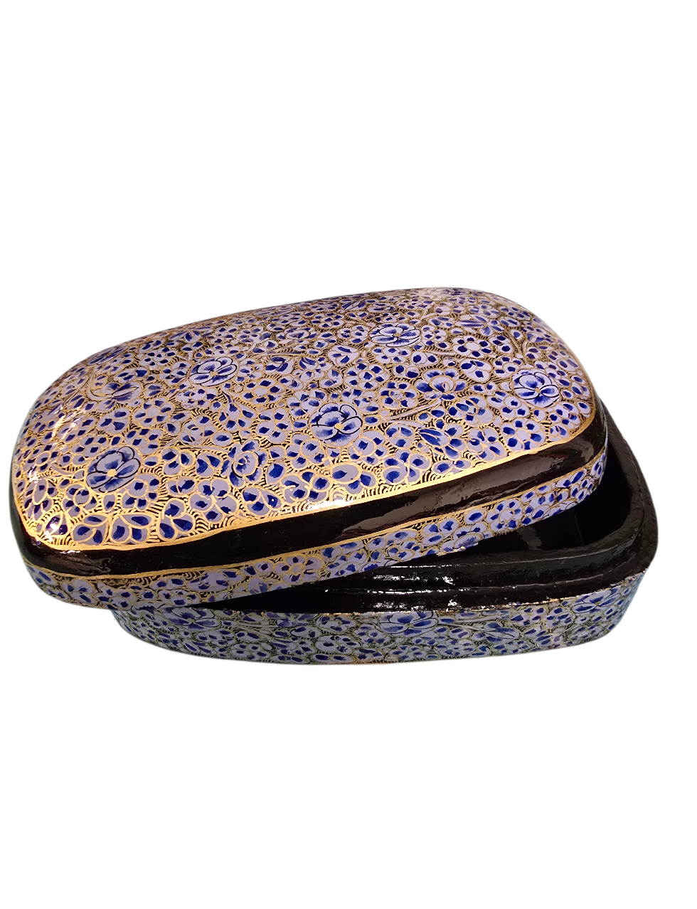 Håndlaget og dekorert blått smykkeskrin med blomstermotiv (47)