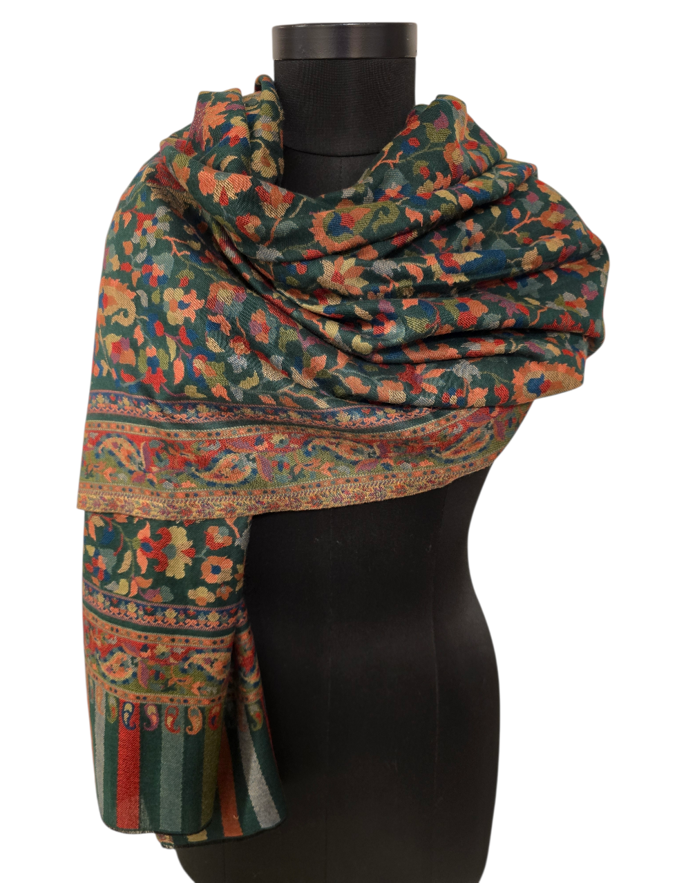 Stort mørkegrønt mønstervevet  sjal i 100% merino ull (33)