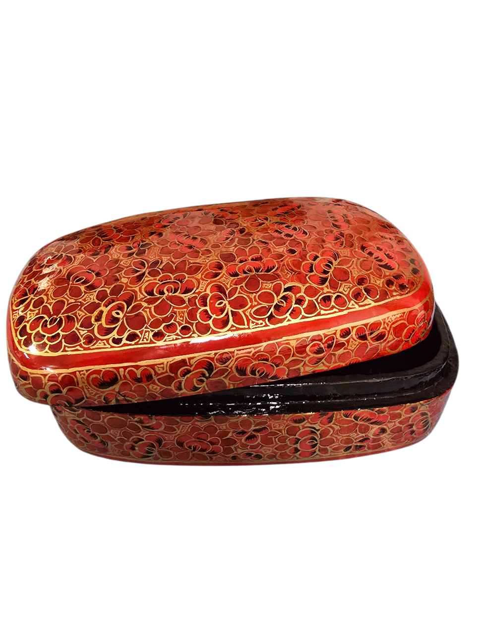 Håndlaget og dekorert gyllent og rødt smykkeskrin med blomstermotiv (46)