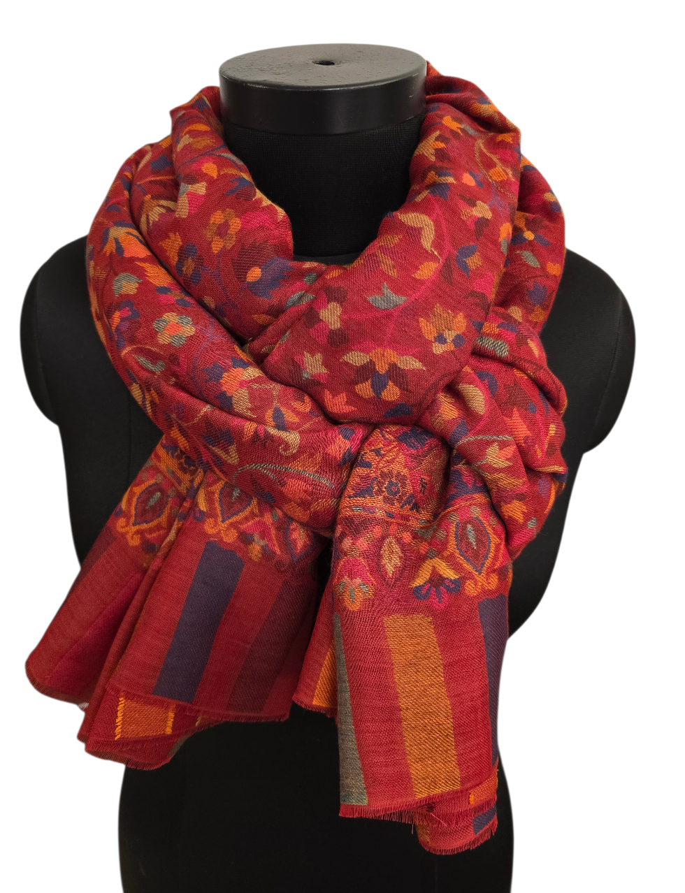 Dyp rødt mønstervevet sjal i cashmere og merino (42)