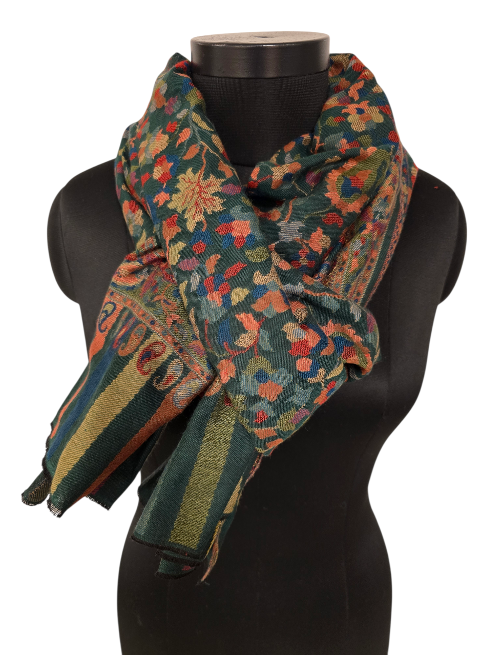 Stort mørkegrønt mønstervevet  sjal i 100% merino ull (33)