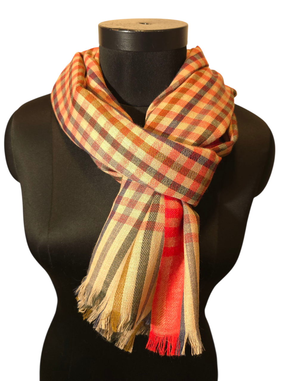 Mønstret beige skjerf med fargerike striper og ruter (77)