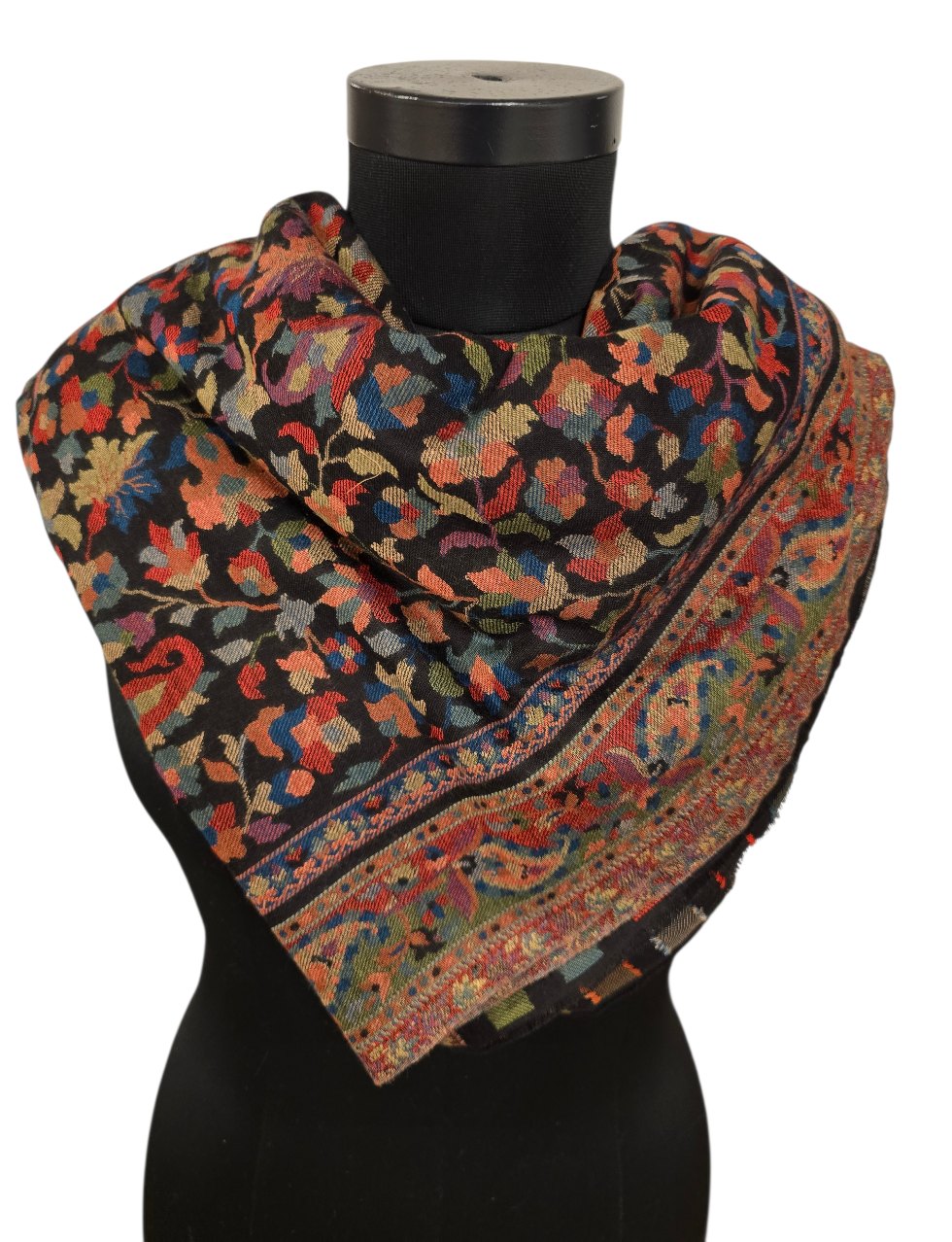 Sort, stort, varmt og vakkert mønstervevet sjal i 100% merino ull (45)