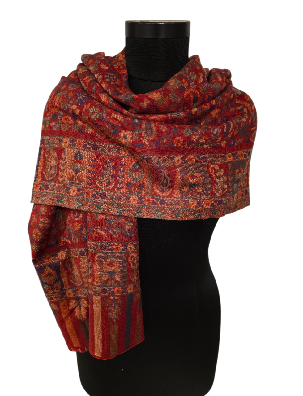 Stort mørkerødt mønstervevet  sjal i 100% merino ull (35)