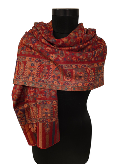 Stort mørkerødt mønstervevet  sjal i 100% merino ull (35)