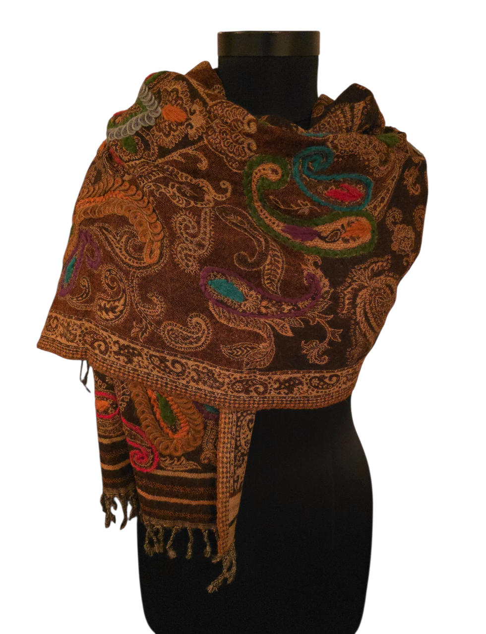 Mørkebrunt ullskjerf med flotte broderier (88)