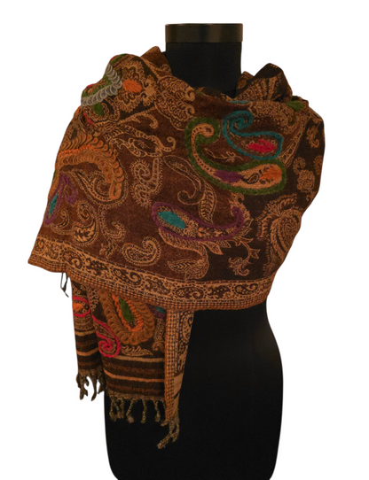 Mørkebrunt ullskjerf med flotte broderier (88)