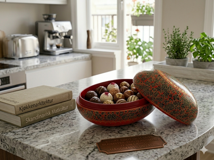 Tøft rødt, sort og gyllent påskeegg med lokk (15)