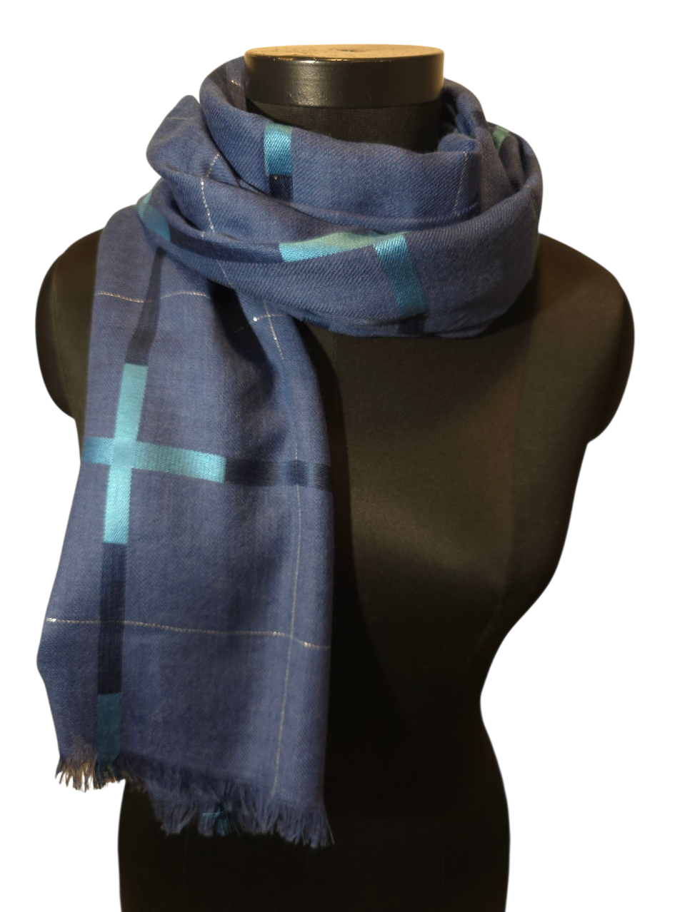 Mykt blått ullskjerf med striper og litt "bling" (72)