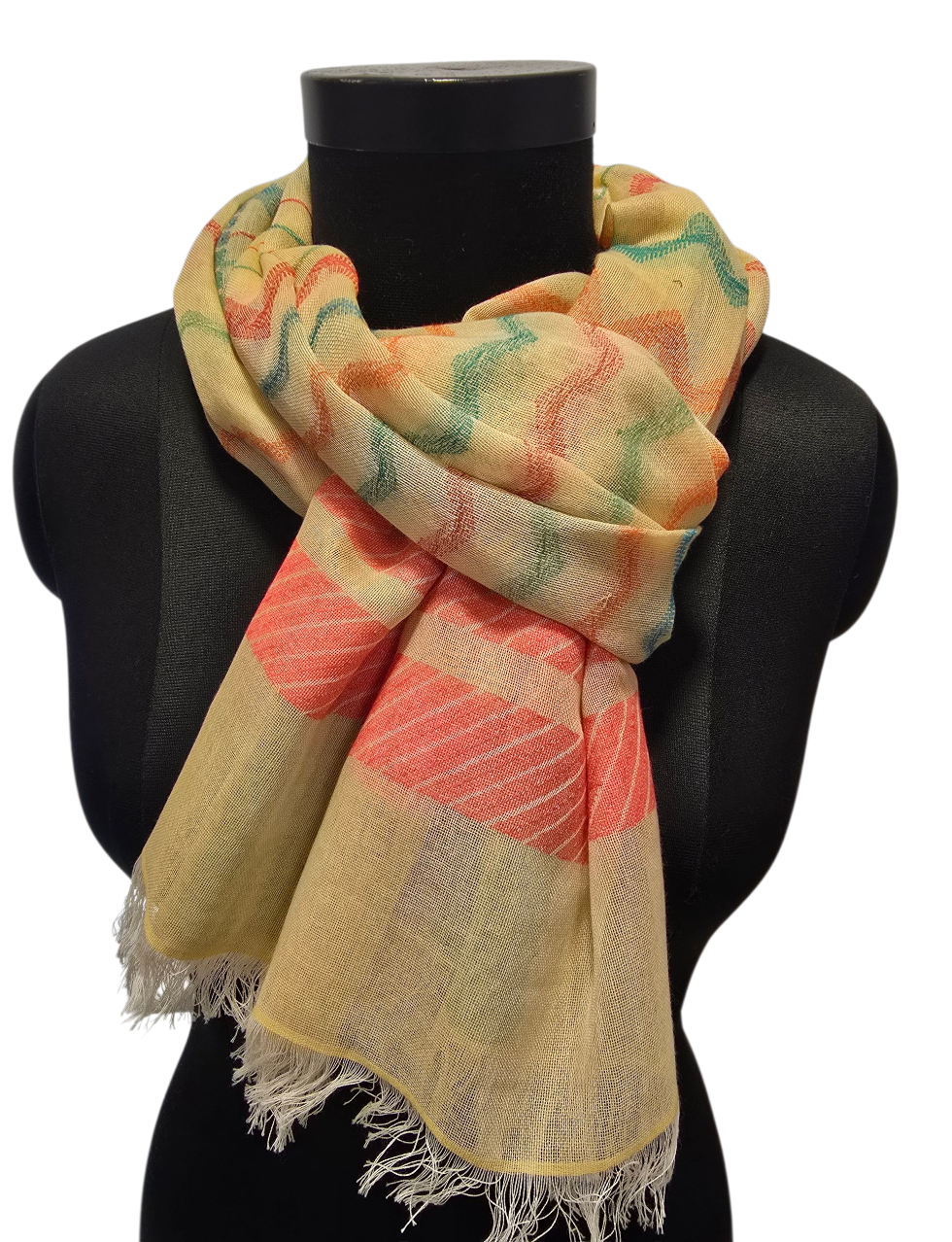 Luftig smørgult skjerf med flotte vevde mønster (087)