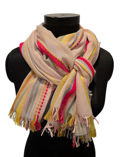 Stort stripete bomullssjal i duse farger (117)