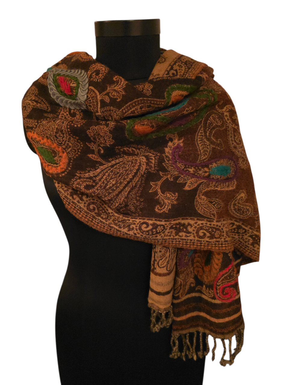 Mørkebrunt ullskjerf med flotte broderier (88)