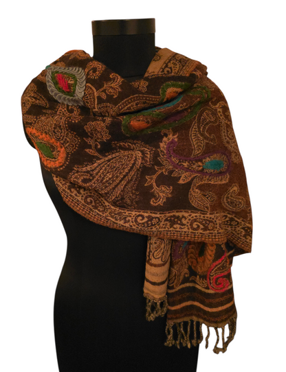 Mørkebrunt ullskjerf med flotte broderier (88)