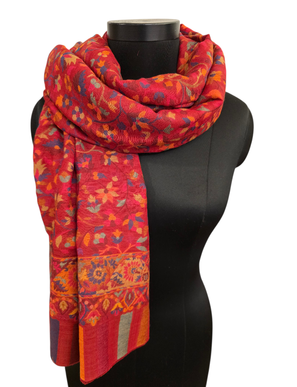 Dyp rødt mønstervevet sjal i cashmere og merino (42)