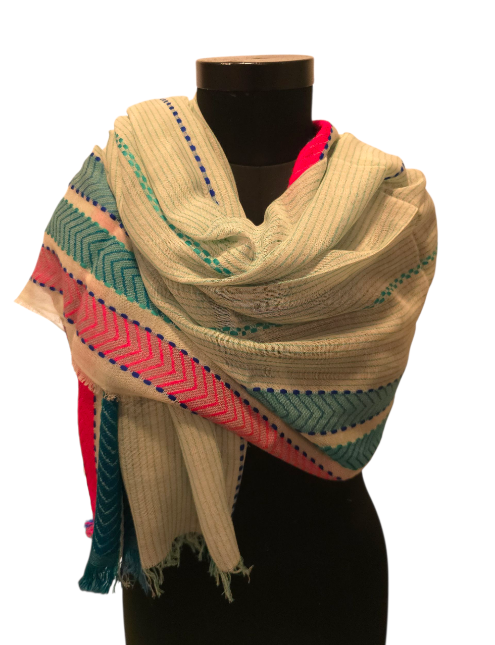 Behagelig bomullssjal med brede og broderte striper (129)