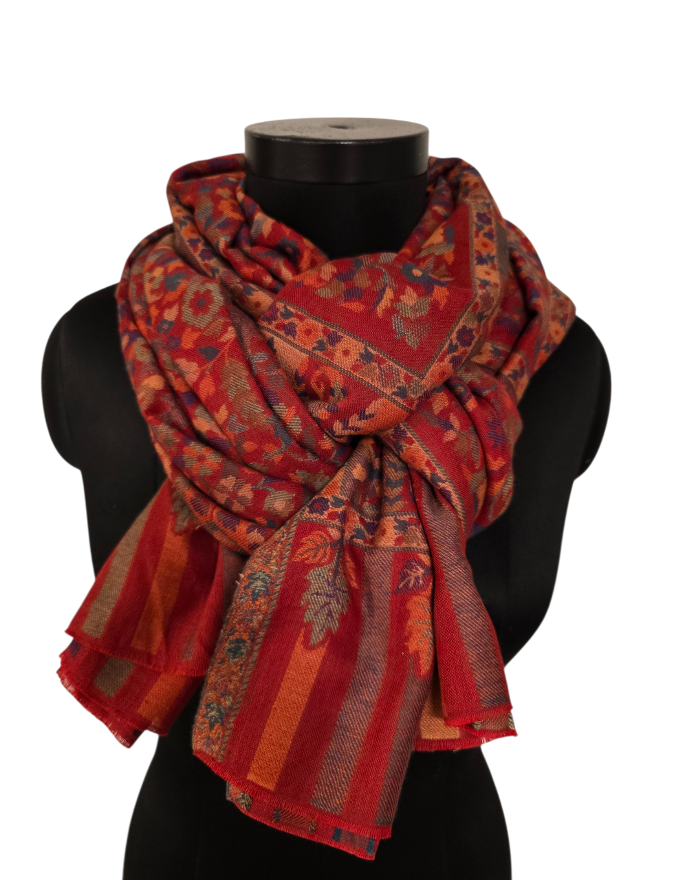 Stort mørkerødt mønstervevet  sjal i 100% merino ull (35)