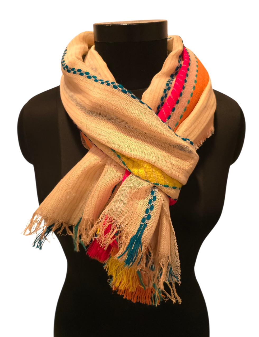 Stort bomullssjal med brede og broderte striper (128)