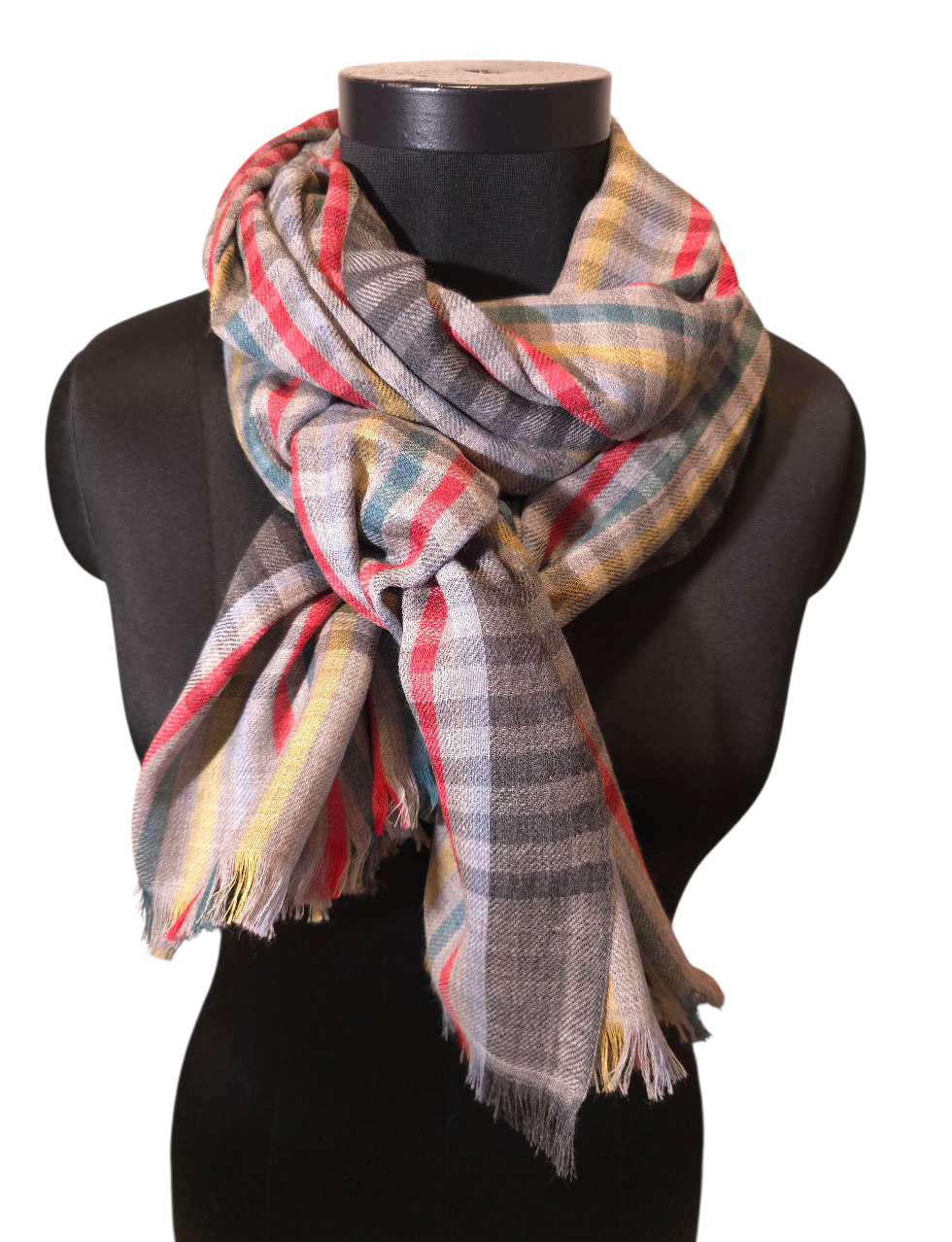 Grå rutete skjerf i ren ull med røde, gule, lavendel og grønne striper (76)