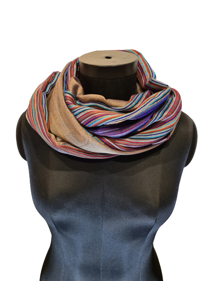Todelt og tosidig cashmere silkeskjerf i beige og blått med tynne striper (17)