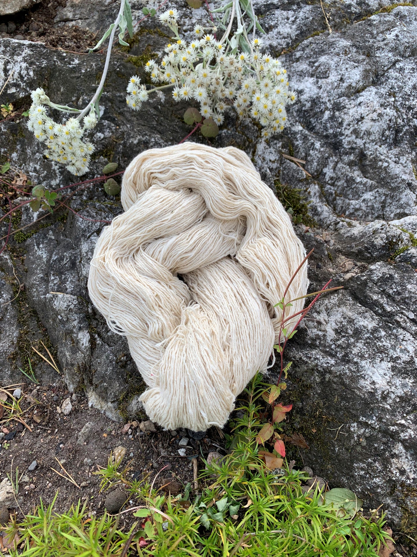 Strikkegarn i silke. Farge: Naturlig Hvit
