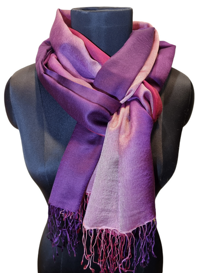 Aubergine, rosa og rødt cashmere og mulberrysilkesjal (09)