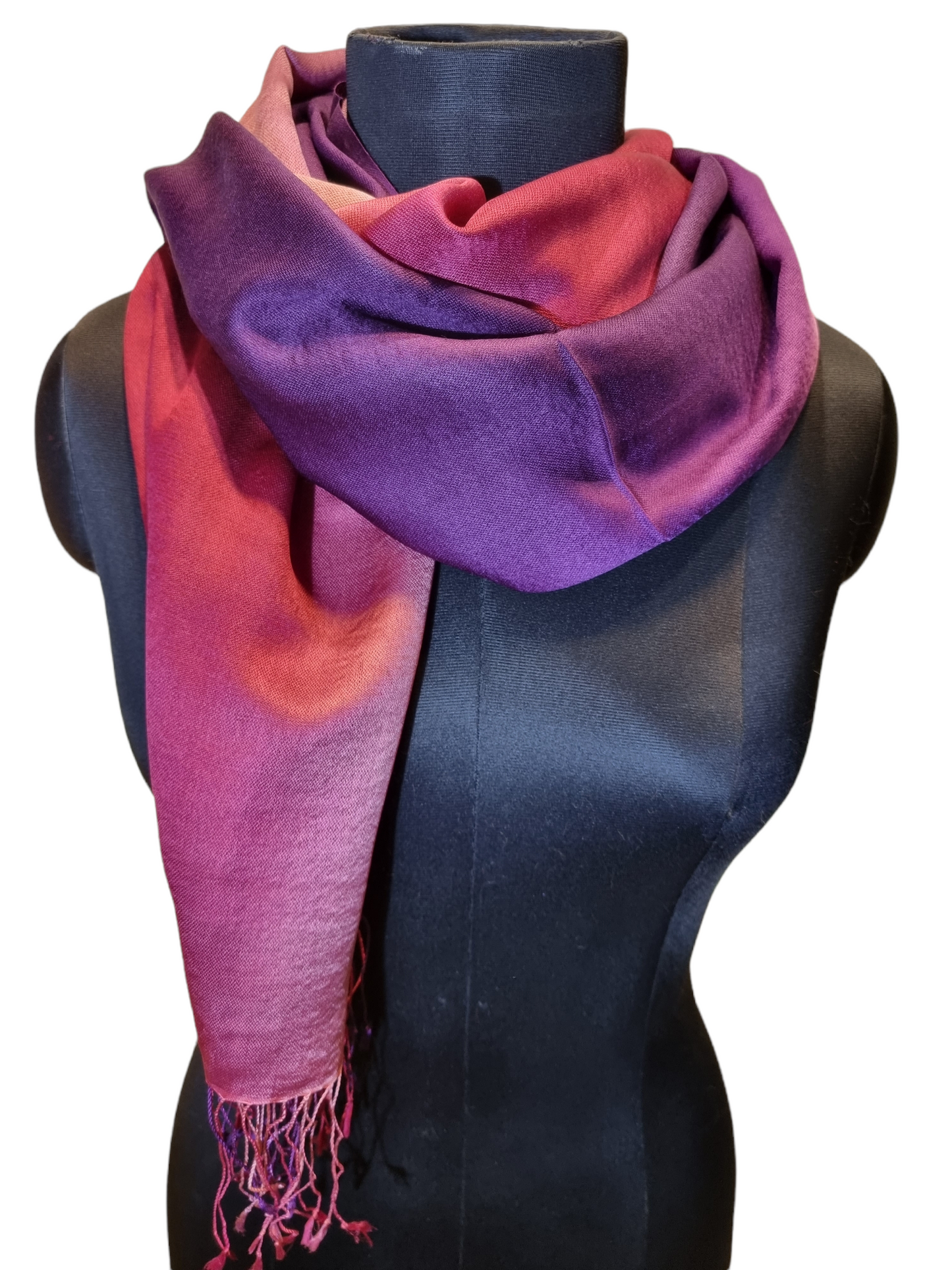 Aubergine, rosa og rødt cashmere og mulberrysilkesjal (09)