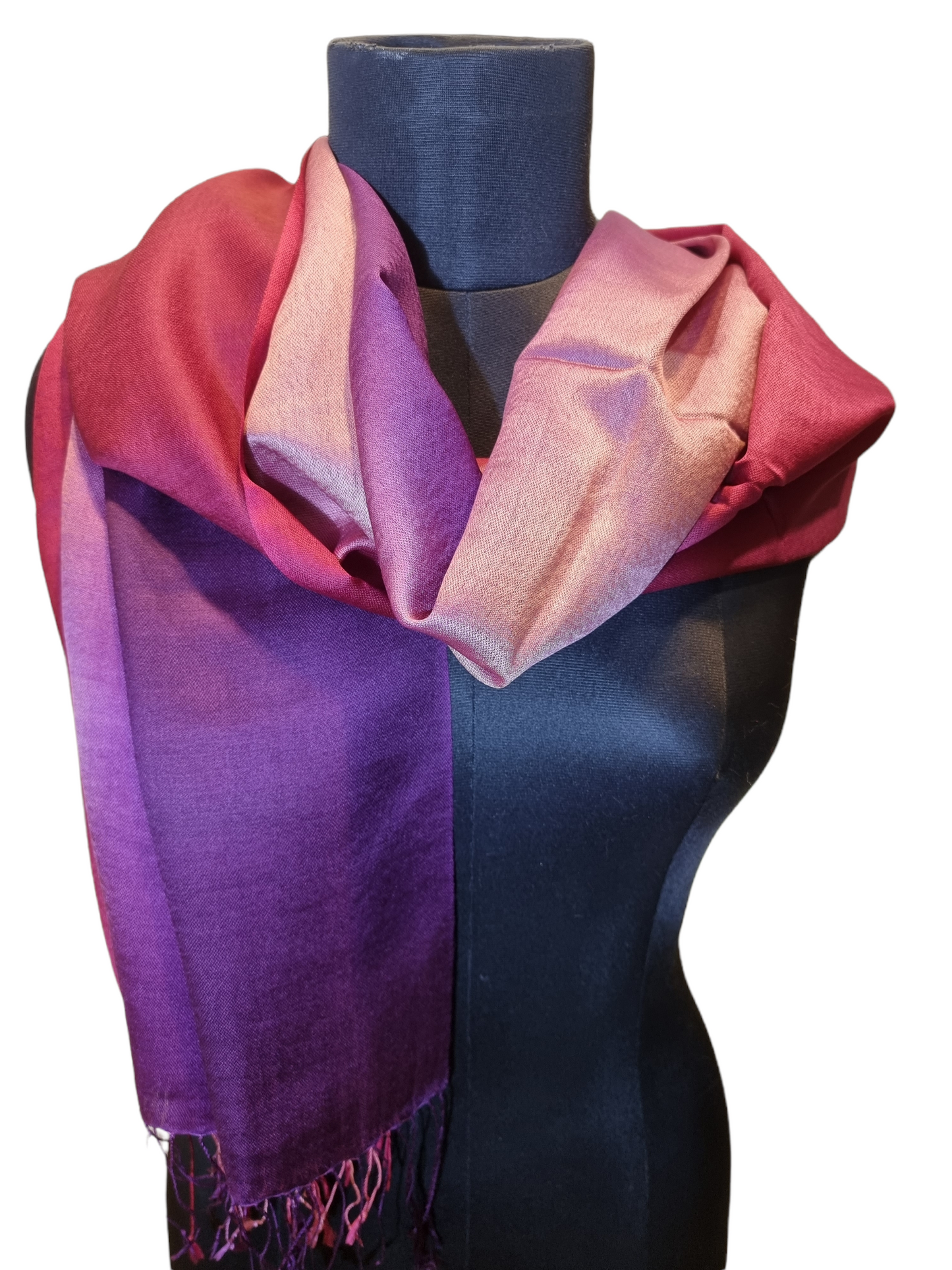 Aubergine, rosa og rødt cashmere og mulberrysilkesjal (09)