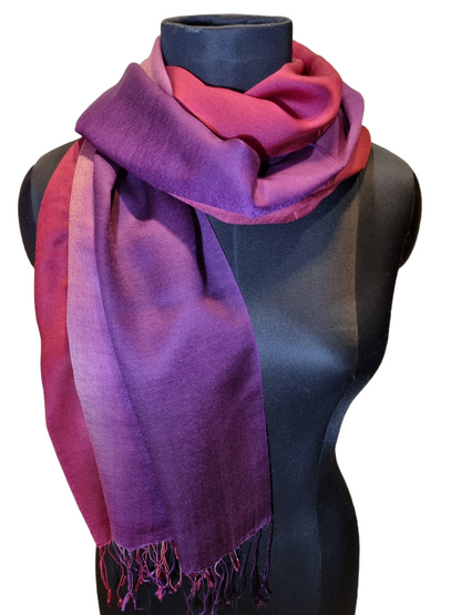 Aubergine, rosa og rødt cashmere og mulberrysilkesjal (09)